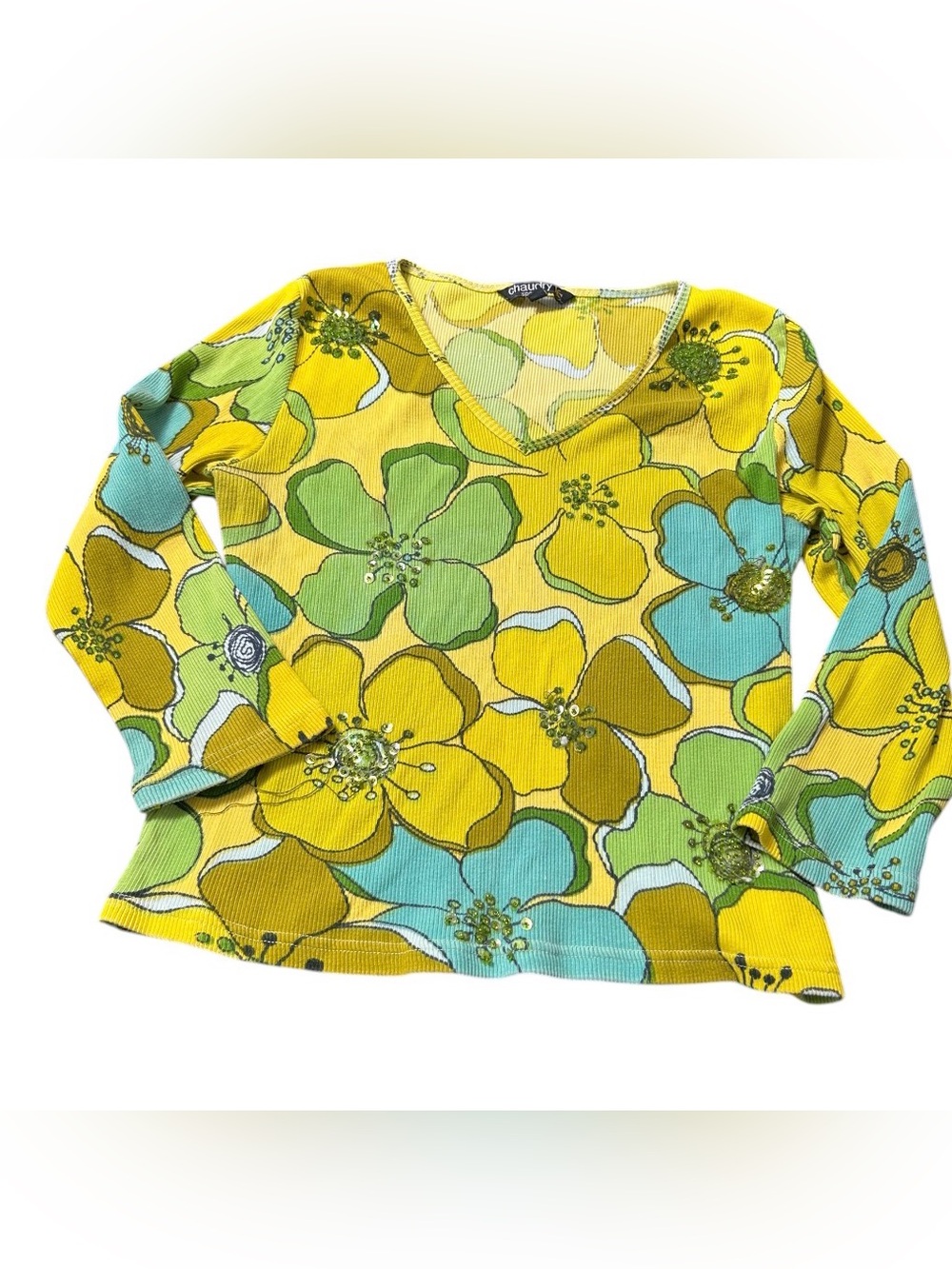 Vibrant Floral Long Sleeve Top in Yellow, Green & Blue